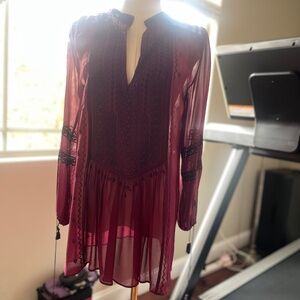 Calypso St. Barth 100% Silk Embroidered Tunic Top Blouse Burgundy/Black XS